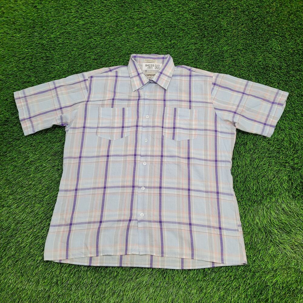 Vintage 80s Campus MOD Button Shirt Large 16.5 24x28 Plaid